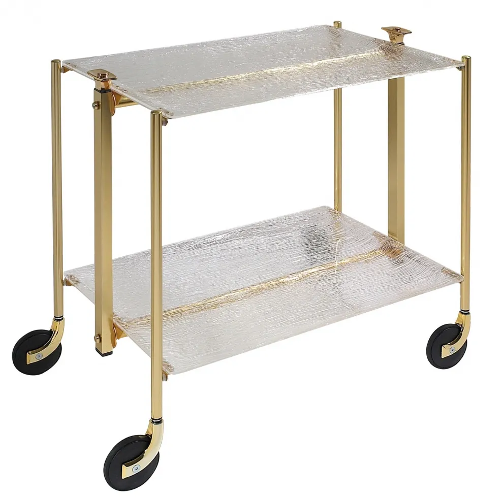 Desserte roulante et pliante 2 étages montants dorés plateaux acryliques givrés