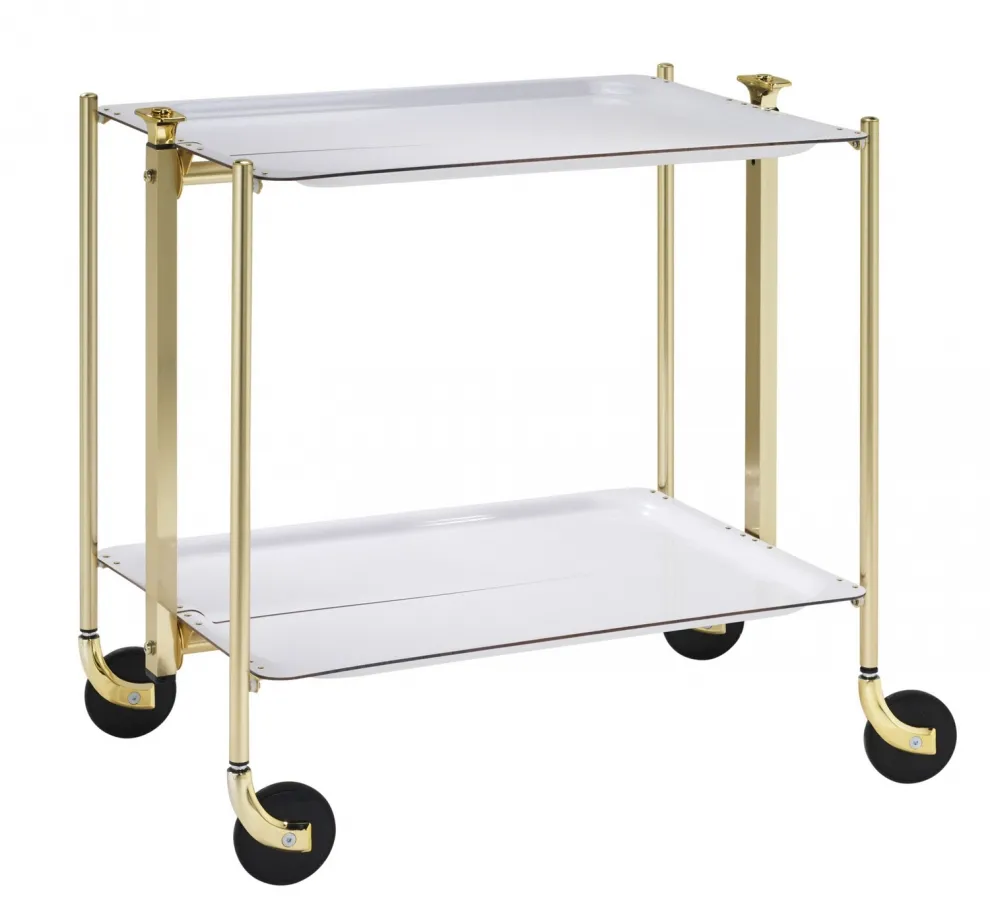 Desserte roulante et pliante 2 étages montants dorés plateaux stratifiés blancs