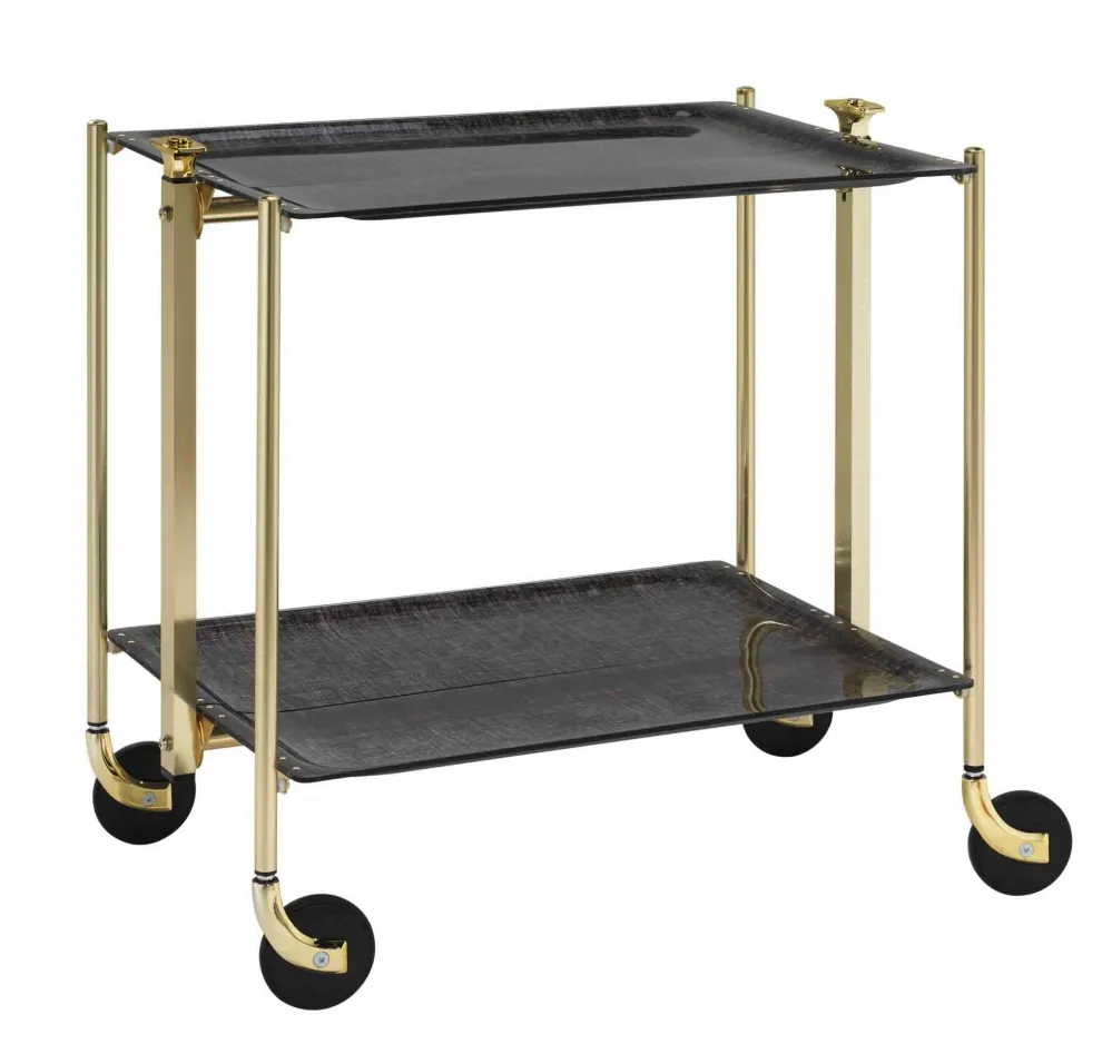 Desserte roulante et pliante 2 étages montants dorés plateaux acryliques noirs