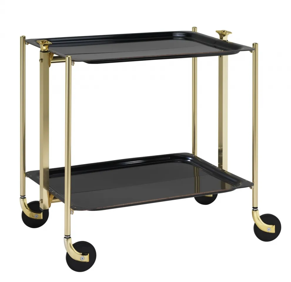Desserte roulante et pliante 2 étages montants dorés plateaux stratifiés noirs