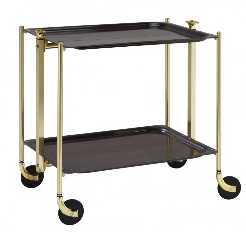 Desserte roulante et pliante 2 étages montants dorés plateaux stratifiés Palissa