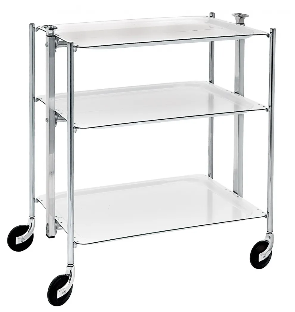 Desserte roulante et pliante 3 étages montants chromés plateaux stratifiés blanc