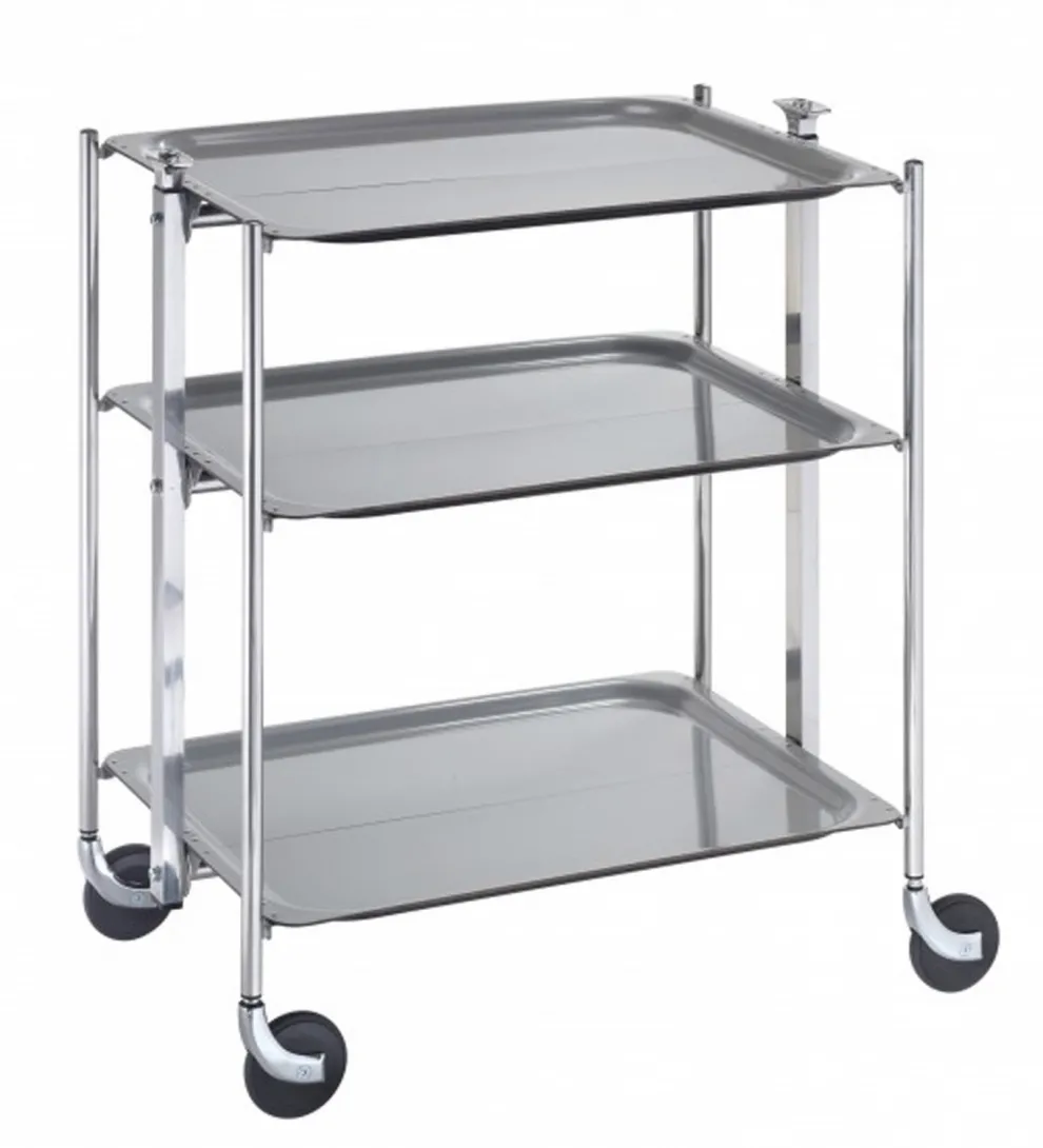 Desserte roulante et pliante 3 étages montants chromés plateaux stratifiés Gris