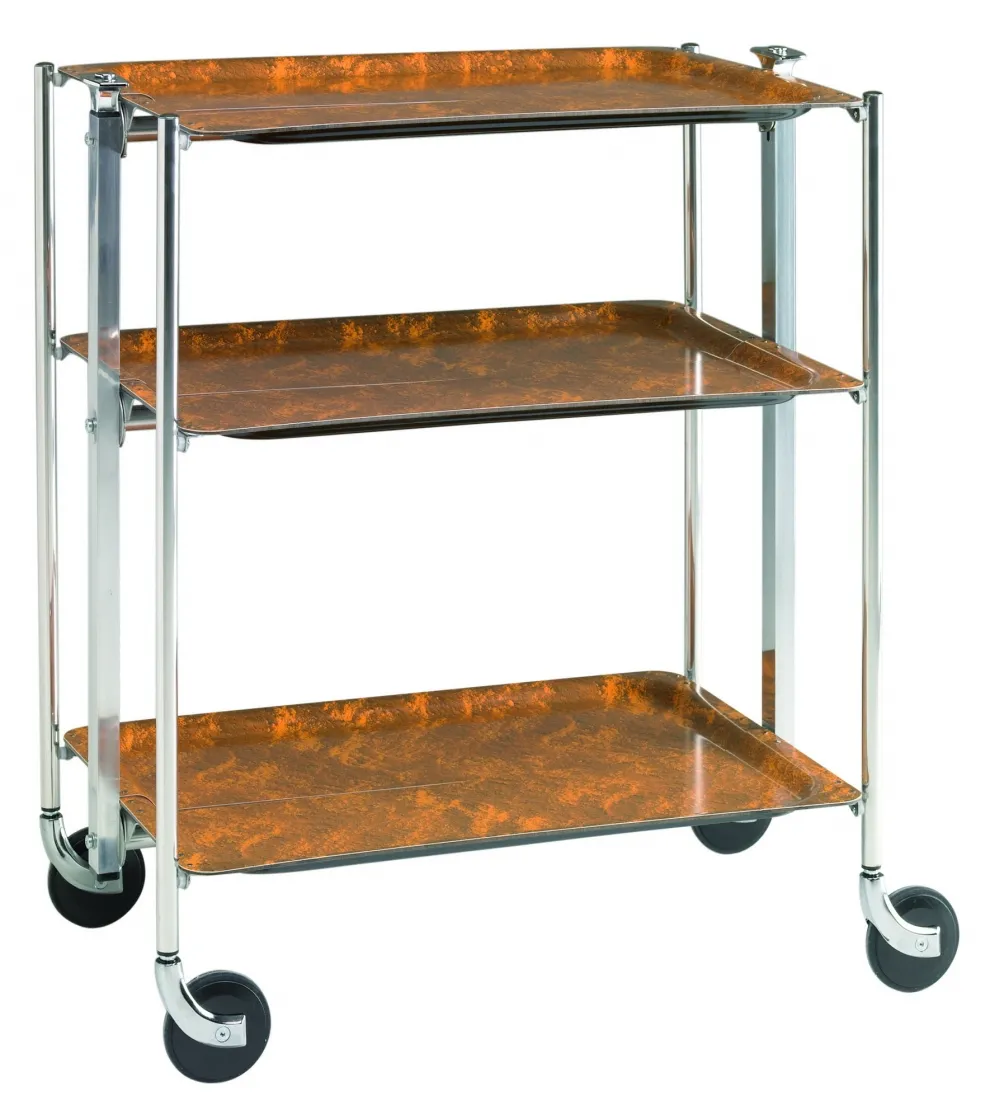Desserte roulante et pliante 3 étages montants chromés plateaux stratifiés Loupe