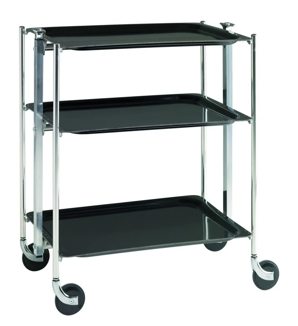 Desserte roulante et pliante 3 étages montants chromés plateaux stratifiés Noirs