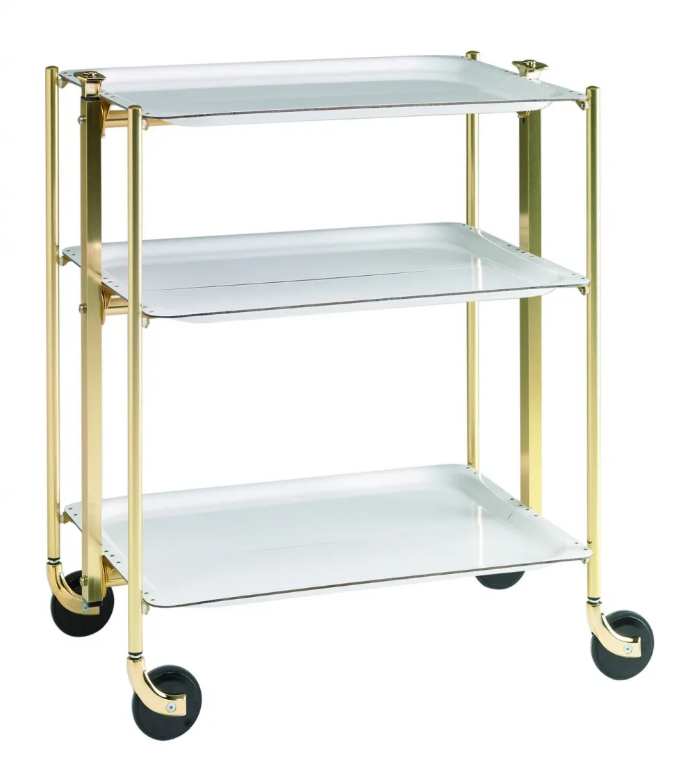 Desserte roulante et pliante 3 étages montants dorés plateaux stratifiés blancs