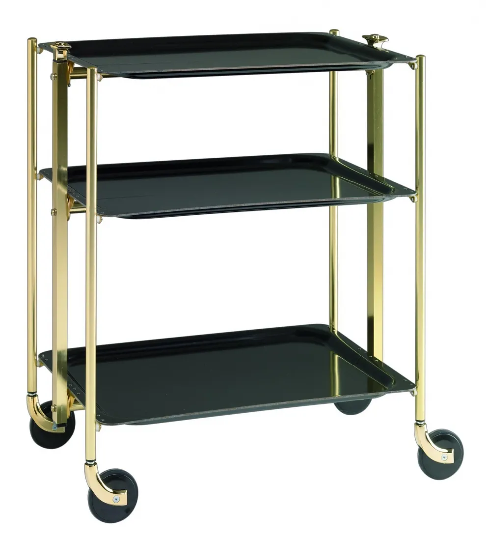 Desserte roulante et pliante 3 étages montants dorés plateaux stratifiés noirs