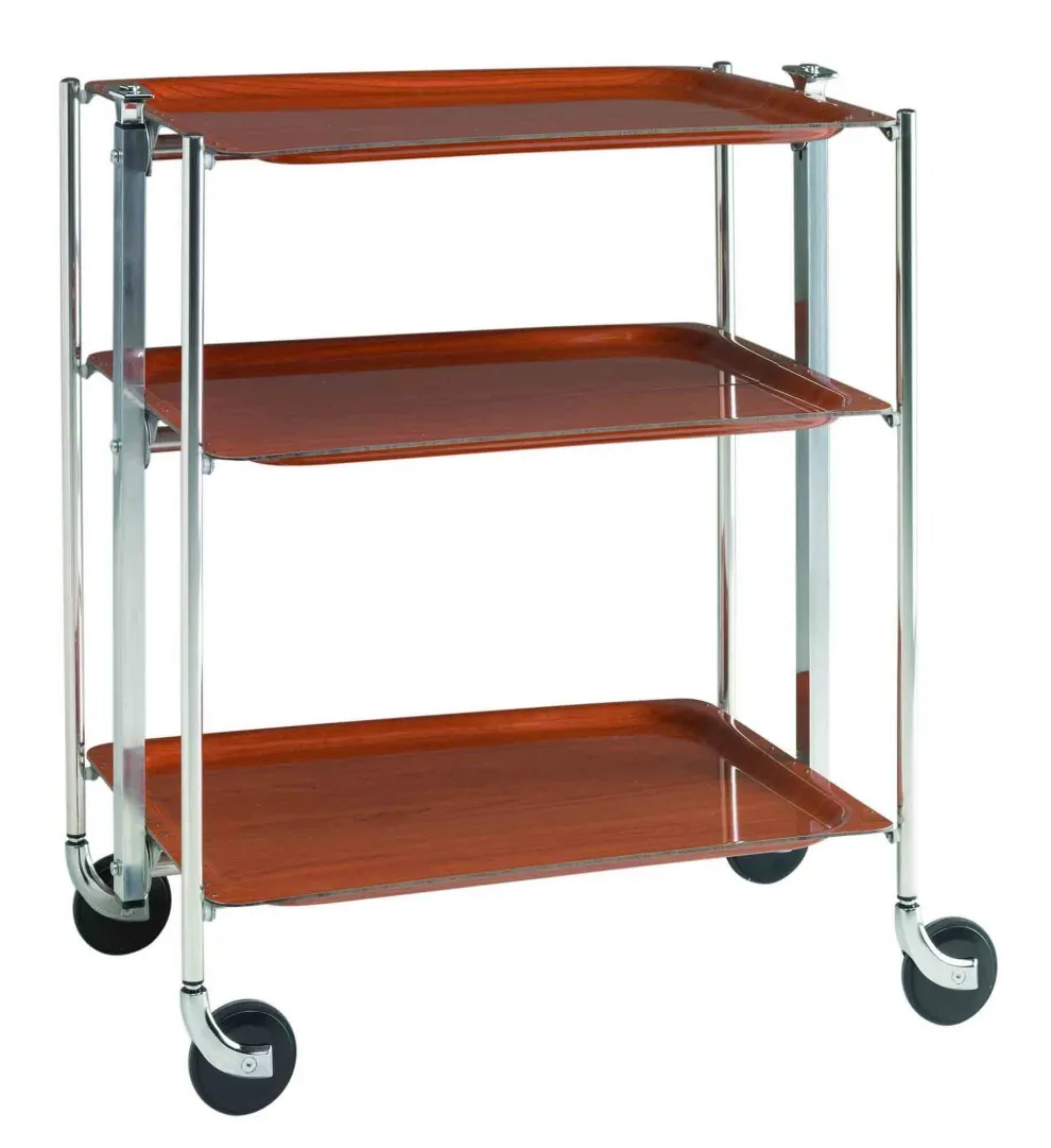 Table roulante pliante, desserte de cuisine 3 étages montants chromés plateaux stratifiés en bois d'Orme - Textable
