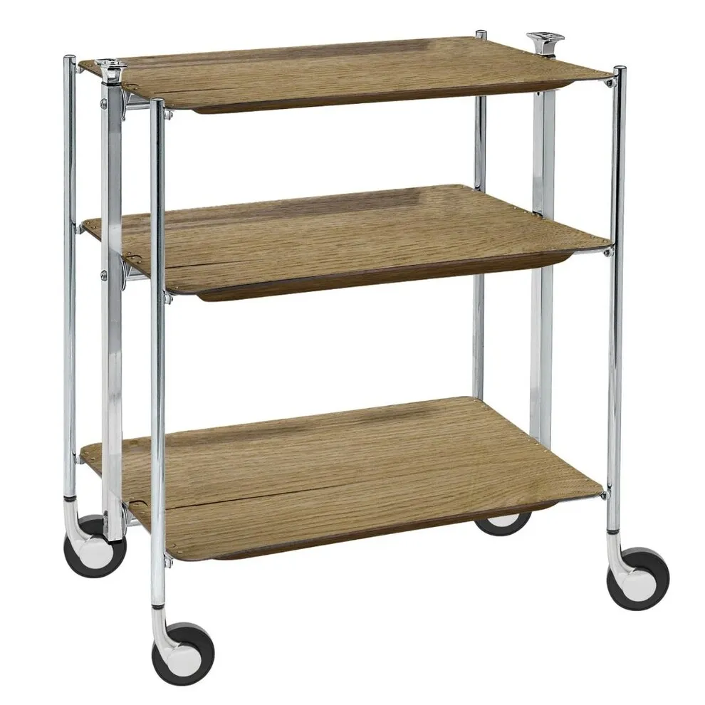 Table roulante pliante, desserte de cuisine 3 étages montants chromés plateaux stratifiés bois Chêne Clair Textable