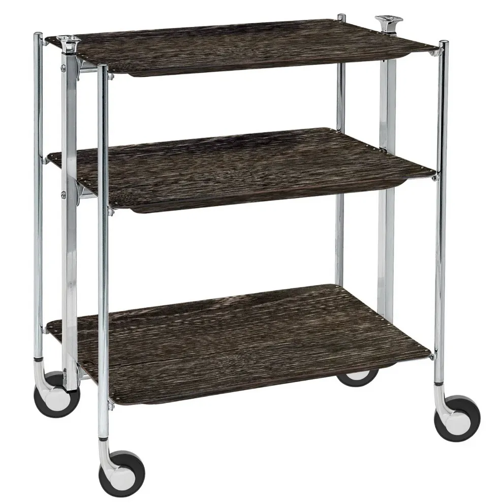 Table roulante pliante, desserte de cuisine 3 étages montants chromés plateaux stratifiés bois Chêne Foncé Textable