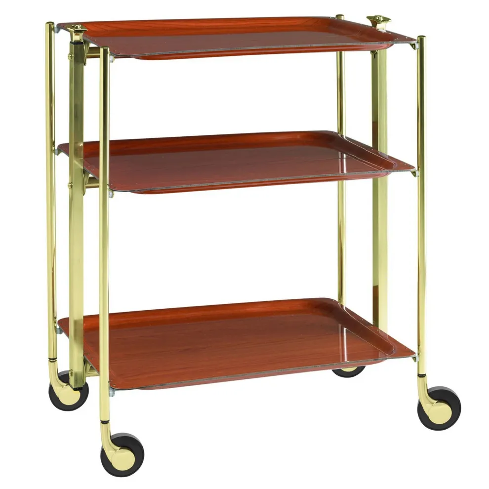 Table roulante pliante, desserte de cuisine 3 étages montants dorés plateaux stratifiés bois Orme Textable