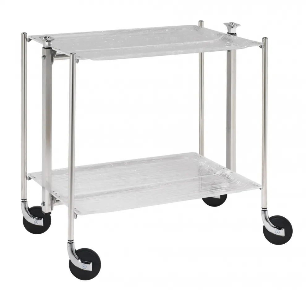 Desserte roulante et pliante 2 étages montants chromés plateaux acryliques givré