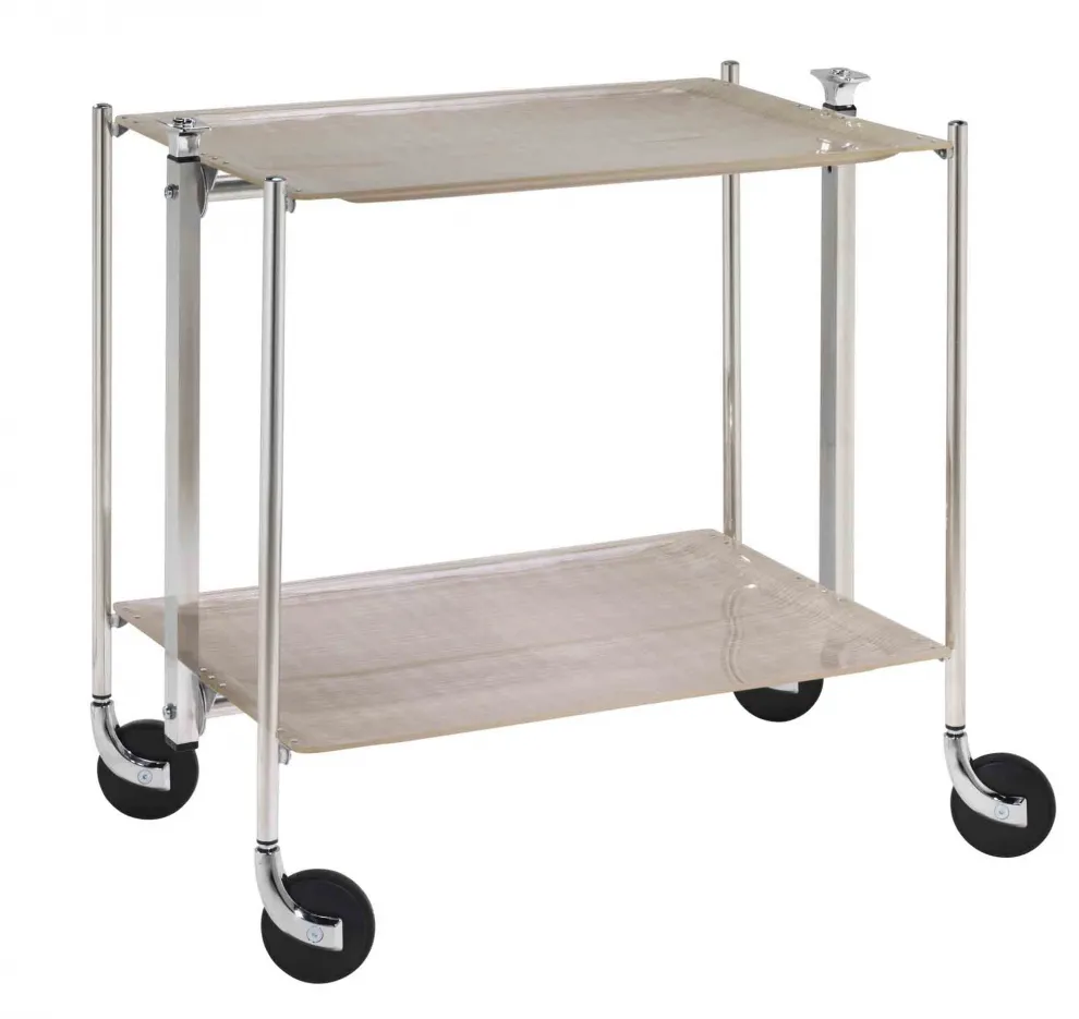 Desserte roulante et pliante 2 étages montants chromés plateaux acrylique Ecru