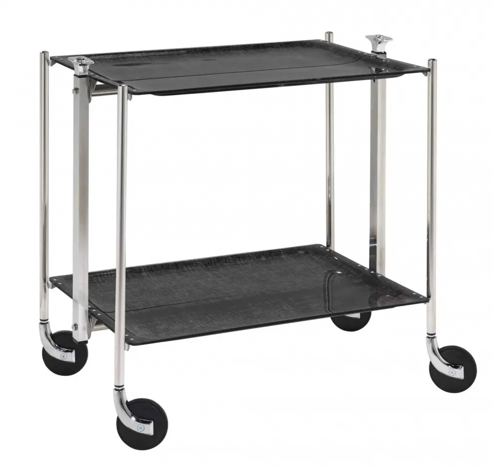 Desserte roulante et pliante 2 étages montants chromés plateaux acrylique Noir