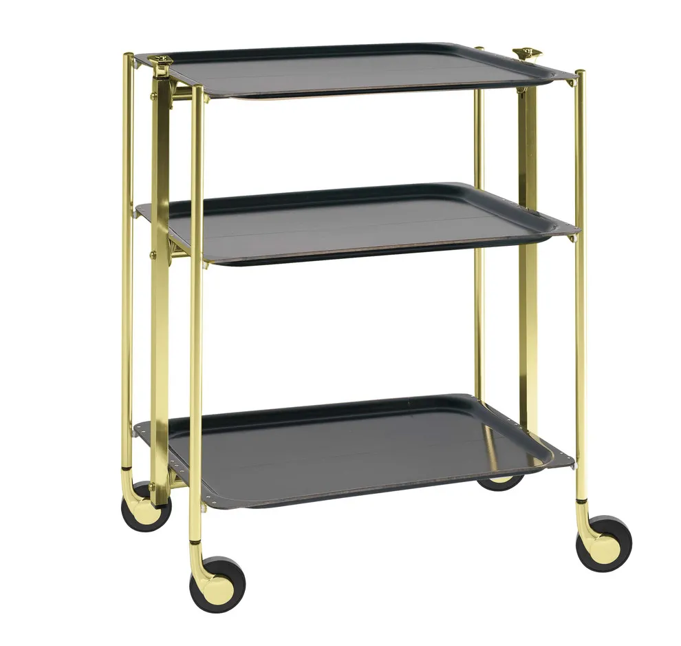 Desserte roulante et pliante 3 étages montants dorés plateaux stratifiés bois Éb