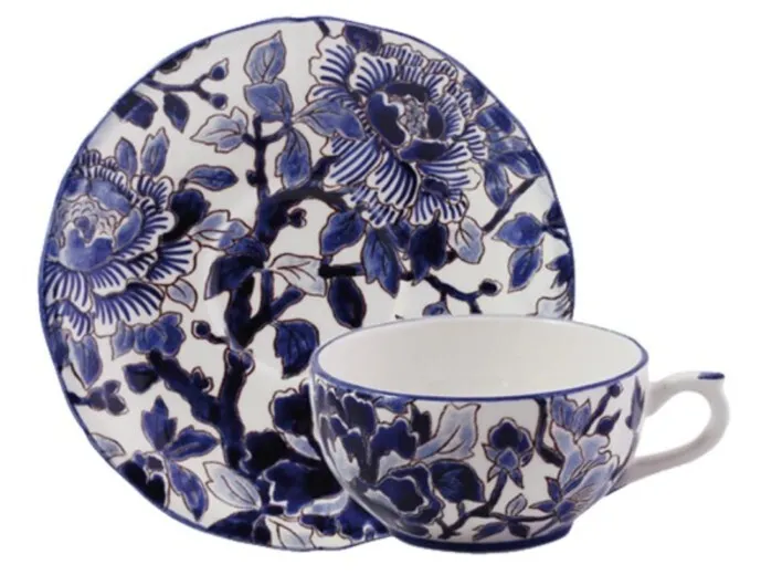 Tasse & soucoupe thé PIVOINES BLEUES
