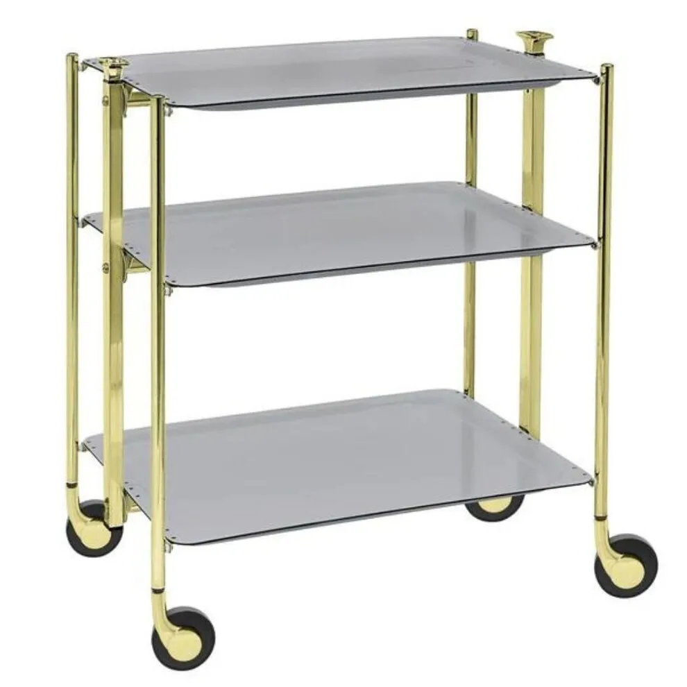 Table roulante pliante, desserte de cuisine 3 étages montants dorés plateaux stratifiés Gris métal Textable